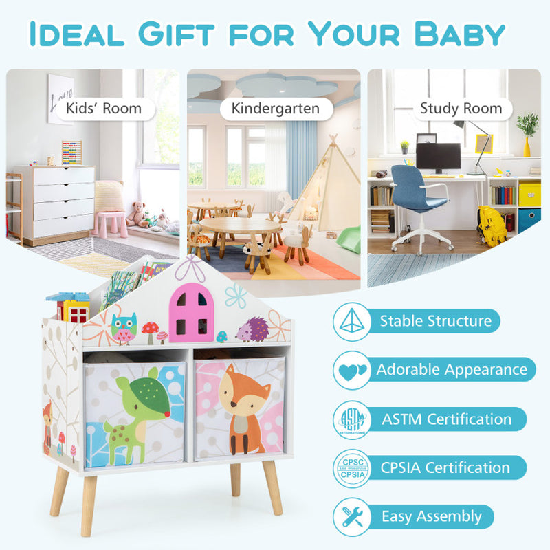 Kids House-Shaped Bookshelf with 2 Storage Bins for Kids Room Playroom