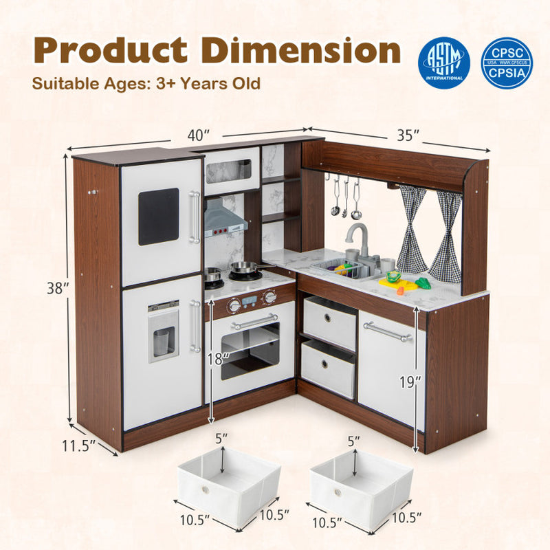Wooden Corner Play Kitchen with Water Circulation System and Lights
