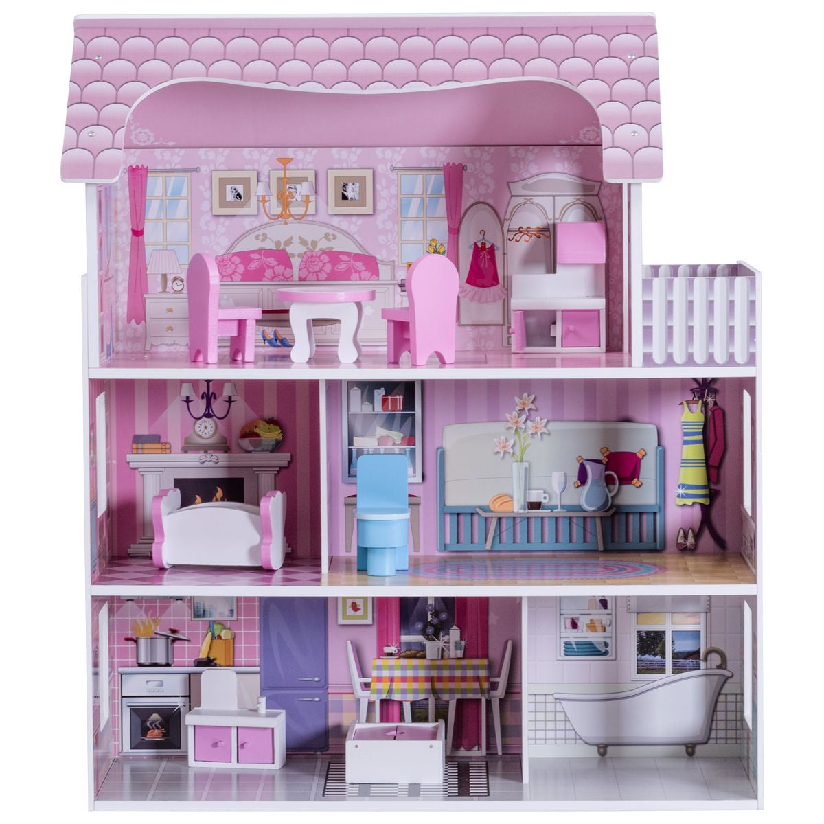 3 Etagen Puppenhaus Aus Holz Puppenstube Mit Möbeln & Zubehör Puppenvilla Mädchen Rosa