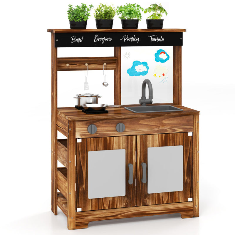 Mud Kitchen Fir Wood Play Kitchen with 4 Panting Pots Faucet Removable Sink