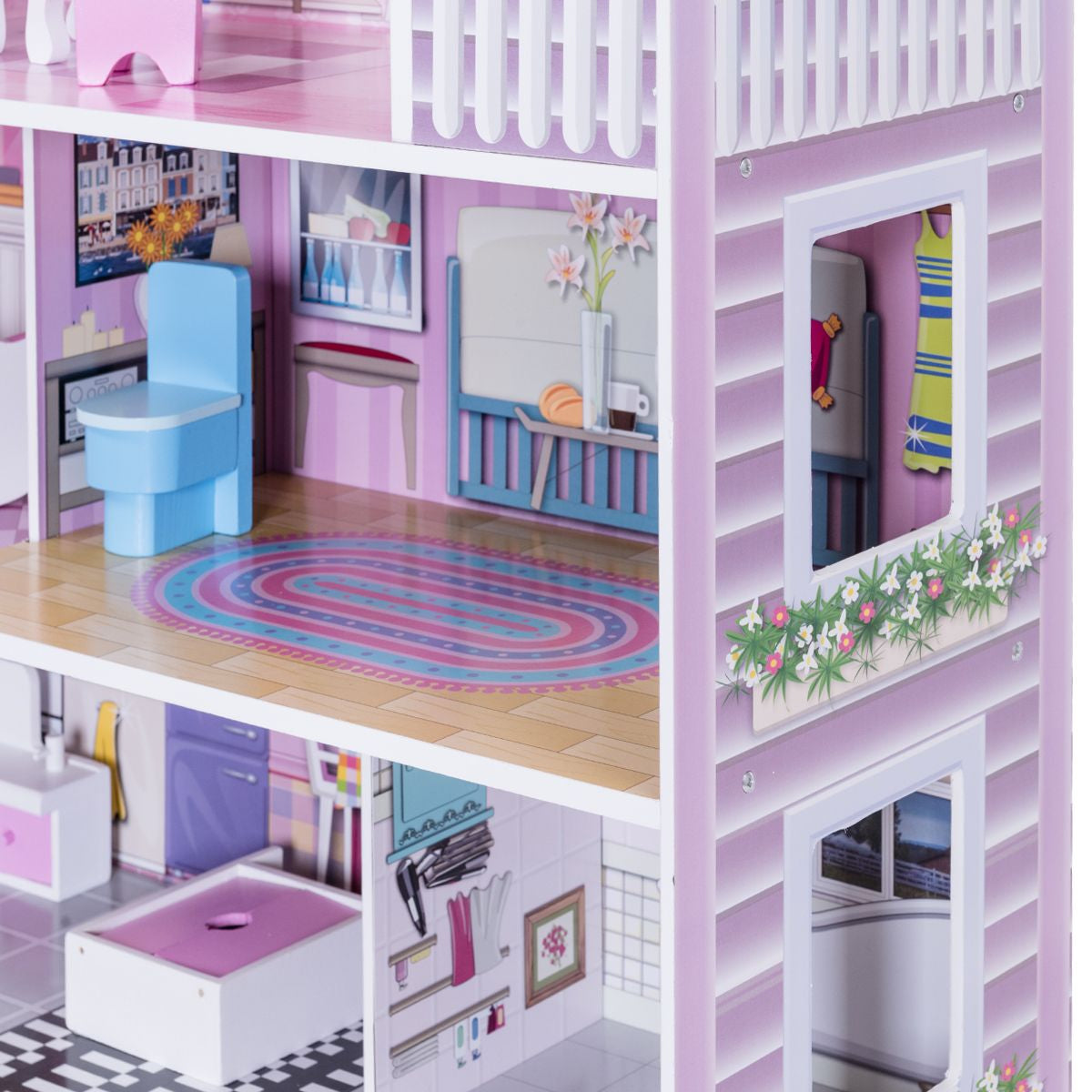 3 Etagen Puppenhaus Aus Holz Puppenstube Mit Möbeln & Zubehör Puppenvilla Mädchen Rosa