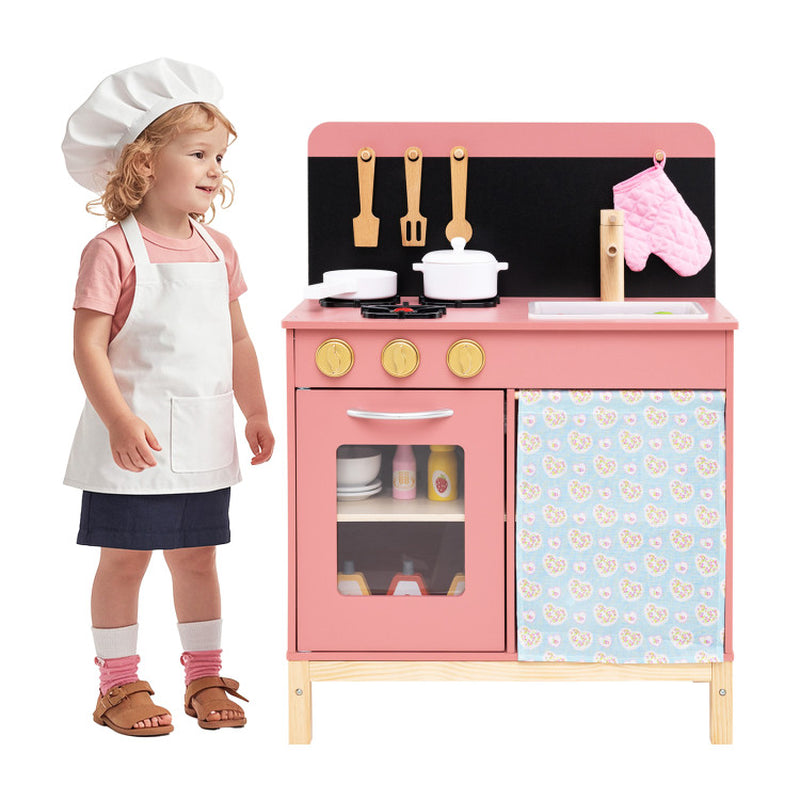 Play Kitchen for Kids Wooden Kitchen Playset with Door Curtain