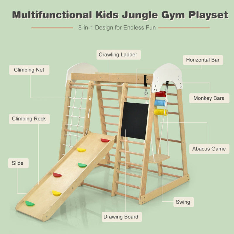 8-In-1 Wooden Climber Play Set with Slide and Swing for Kids