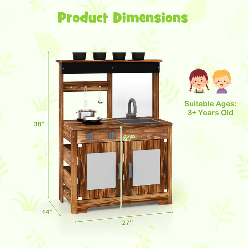 Mud Kitchen Fir Wood Play Kitchen with 4 Panting Pots Faucet Removable Sink