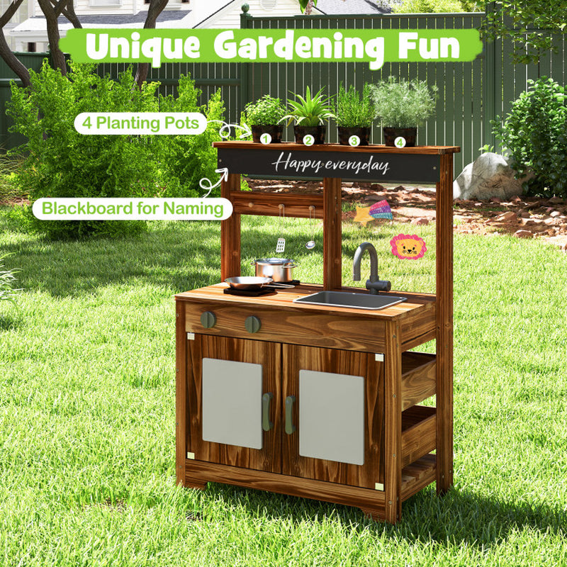 Mud Kitchen Fir Wood Play Kitchen with 4 Panting Pots Faucet Removable Sink