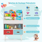 Bibliothèque Pour Enfants Etagère En Bois À 3 Niveaux Compartiment Ouvert 2 Tiroirs Pliables En Tissu Kits Anti-Basculement Gris/Blanc