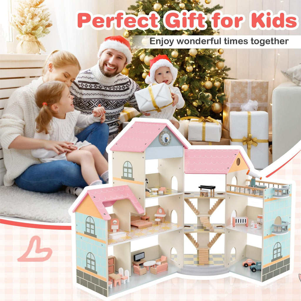 Wooden Corner Dollhouse Playset Pink Roof Doll House