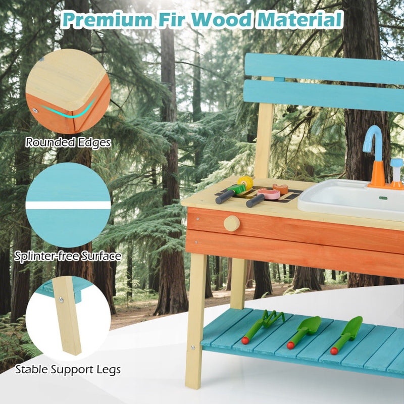 Kids Play Kitchen Set, Wooden Kitchen Playset Chef Pretend Mud Kitchen