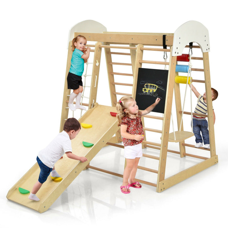 8-In-1 Wooden Climber Play Set with Slide and Swing for Kids