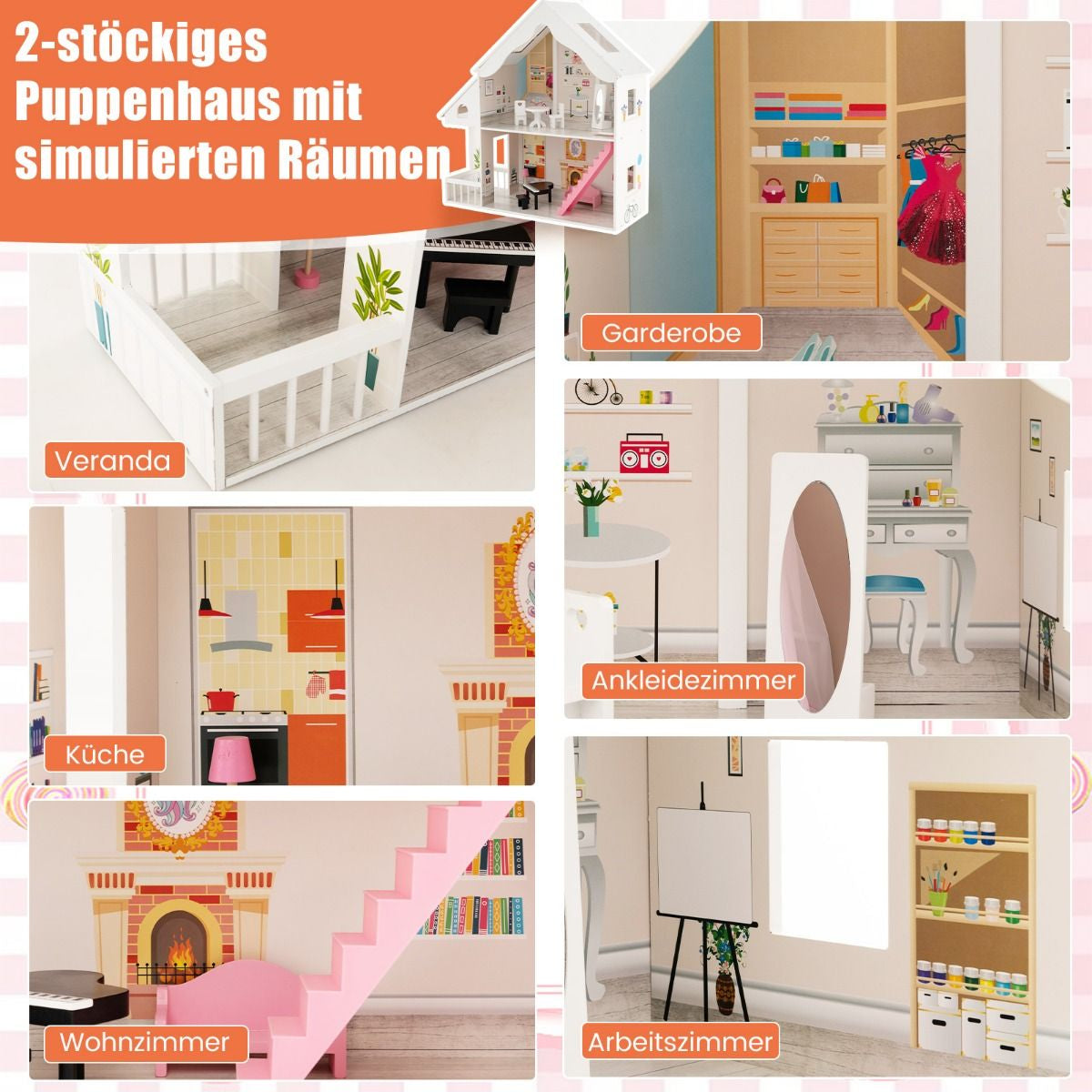 Puppenhaus Holz 2 Stöckige Puppenstube Mit Zubehör & Möbeln 81 X 30 X 86 Cm Weiß