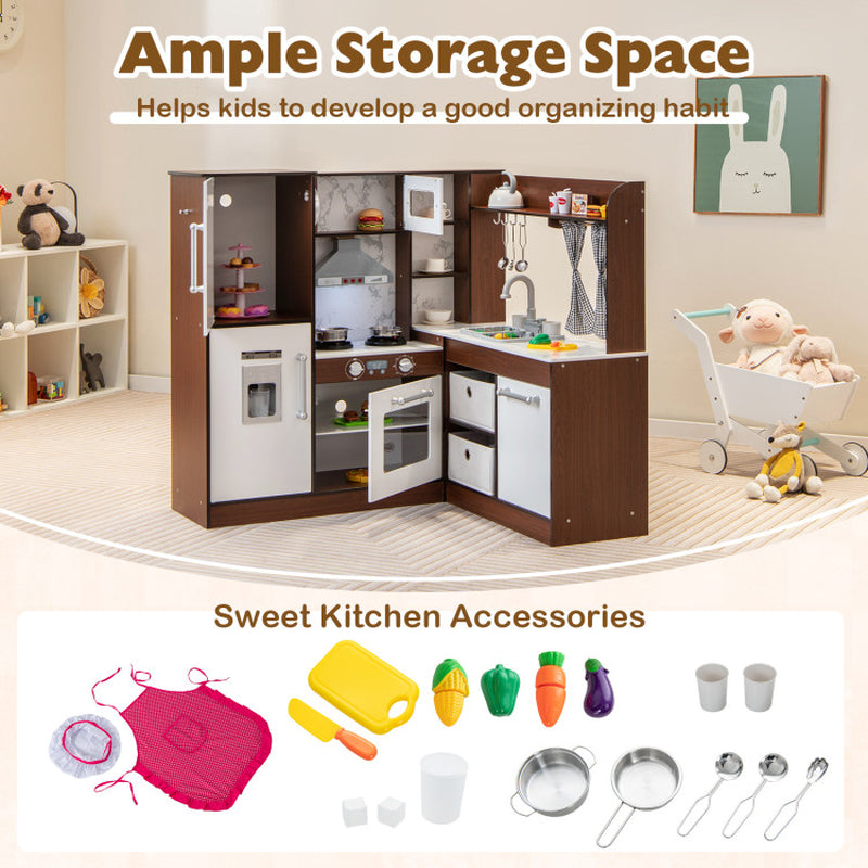 Wooden Corner Play Kitchen with Water Circulation System and Lights
