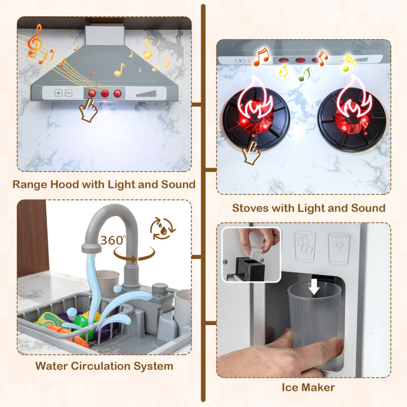 Wooden Corner Play Kitchen with Water Circulation System and Lights