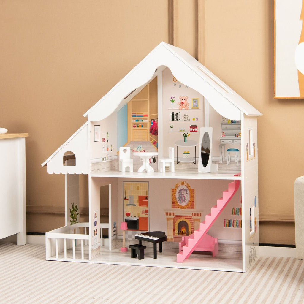 Puppenhaus Holz 2 Stöckige Puppenstube Mit Zubehör & Möbeln 81 X 30 X 86 Cm Weiß