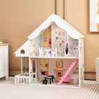 Puppenhaus Holz 2 Stöckige Puppenstube Mit Zubehör & Möbeln 81 X 30 X 86 Cm Weiß
