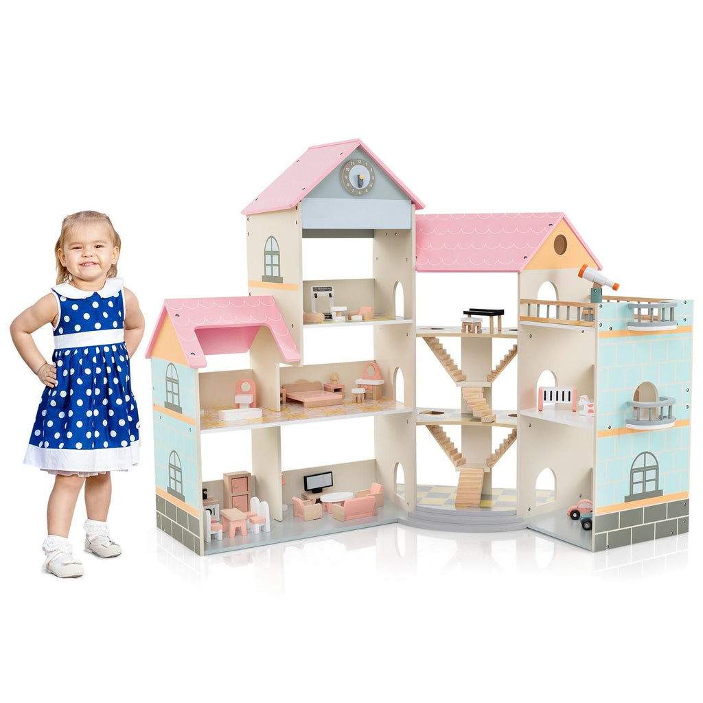 Wooden Corner Dollhouse Playset Pink Roof Doll House