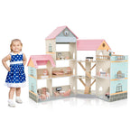 Wooden Corner Dollhouse Playset Pink Roof Doll House