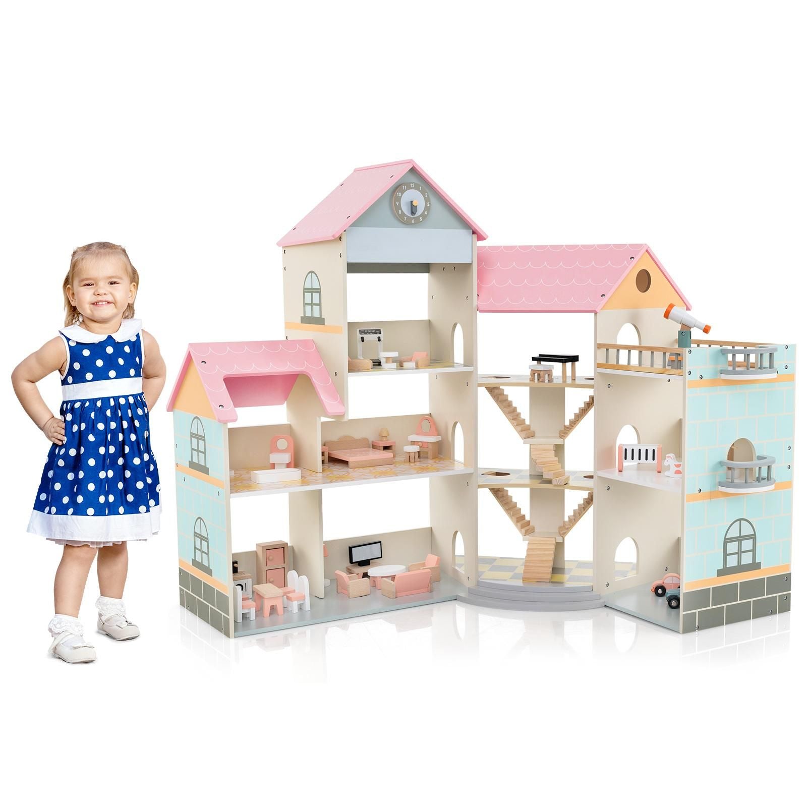 Wooden Corner Dollhouse Playset Pink Roof Doll House