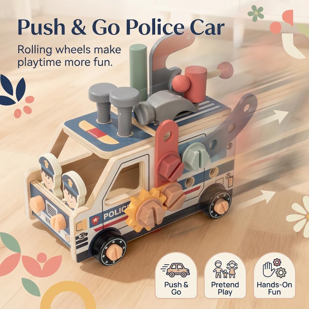 Wooden Kids Tool Set with Police Car Toolbox