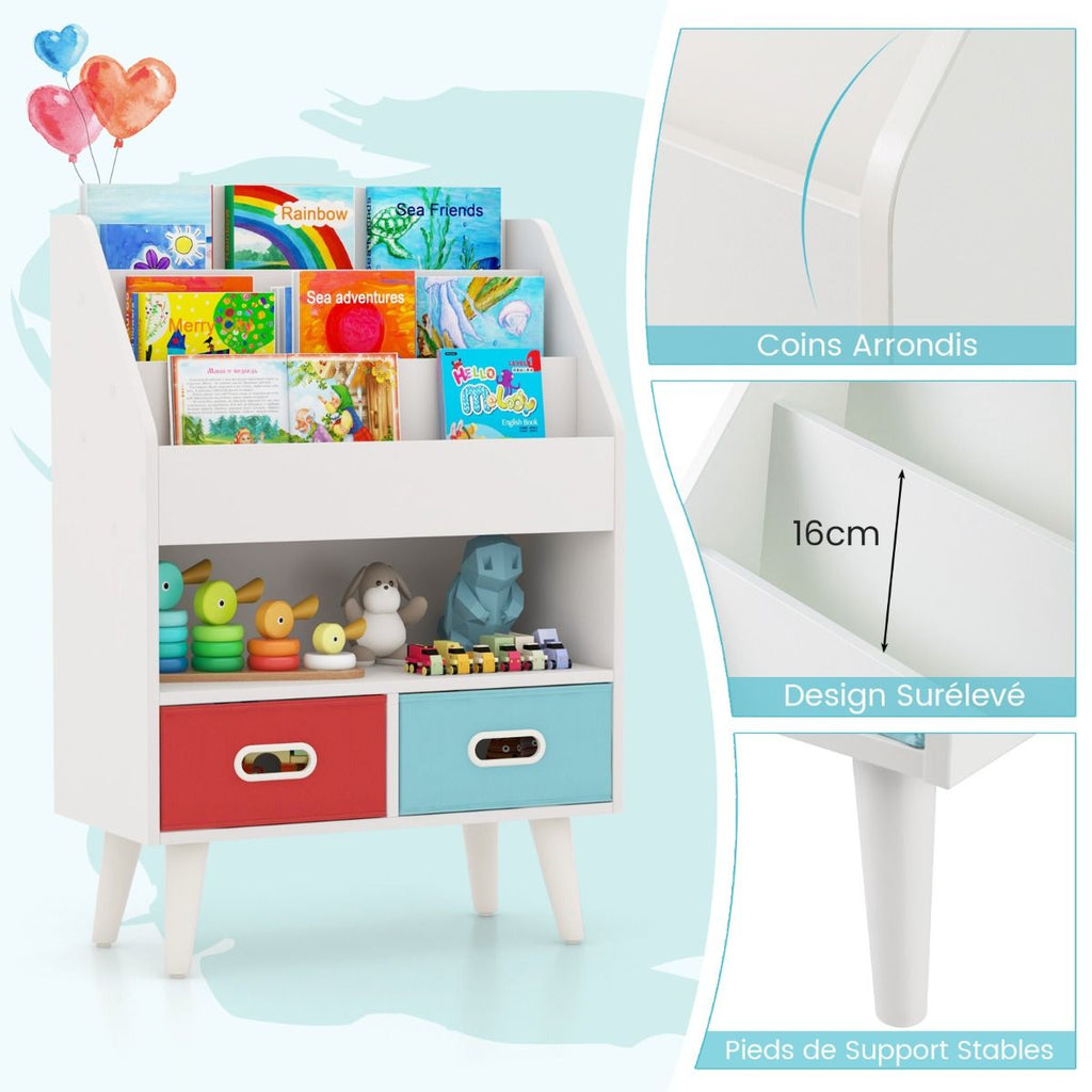 Bibliothèque Pour Enfants Etagère En Bois À 3 Niveaux Compartiment Ouvert 2 Tiroirs Pliables En Tissu Kits Anti-Basculement Gris/Blanc