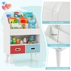 Bibliothèque Pour Enfants Etagère En Bois À 3 Niveaux Compartiment Ouvert 2 Tiroirs Pliables En Tissu Kits Anti-Basculement Gris/Blanc