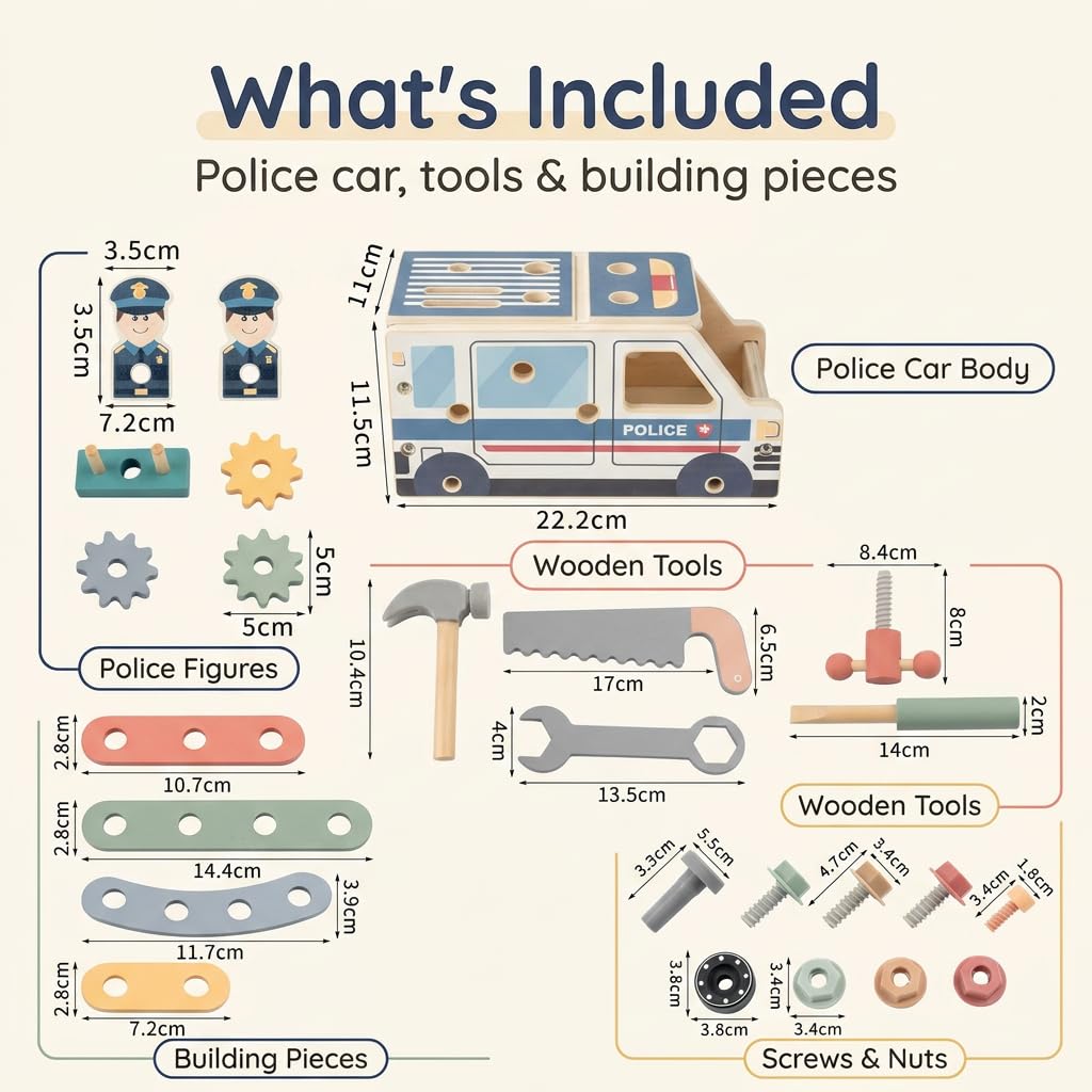 Wooden Kids Tool Set with Police Car Toolbox