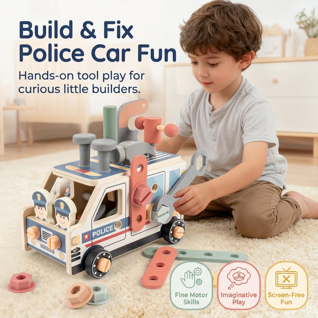 Wooden Kids Tool Set with Police Car Toolbox