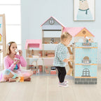 Wooden Corner Dollhouse Playset Pink Roof Doll House