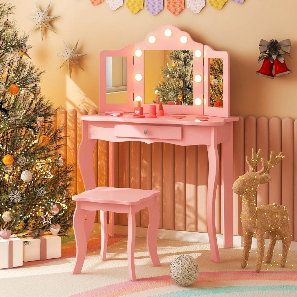 2 in 1 Kinder Schminktisch Mit Led-Leuchten & Klappbarem Spiegel & Schubladen Rosa