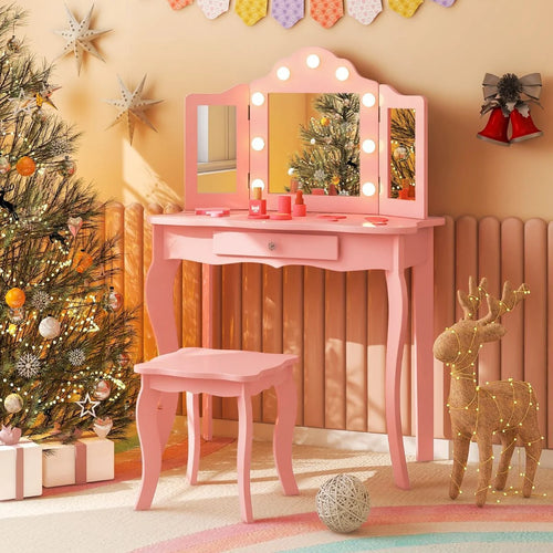 2 in 1 Kinder Schminktisch Mit Led-Leuchten & Klappbarem Spiegel & Schubladen Rosa