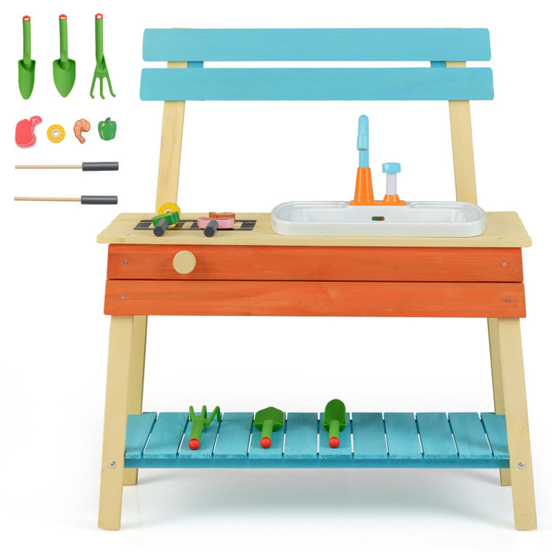 Kids Play Kitchen Set, Wooden Kitchen Playset Chef Pretend Mud Kitchen