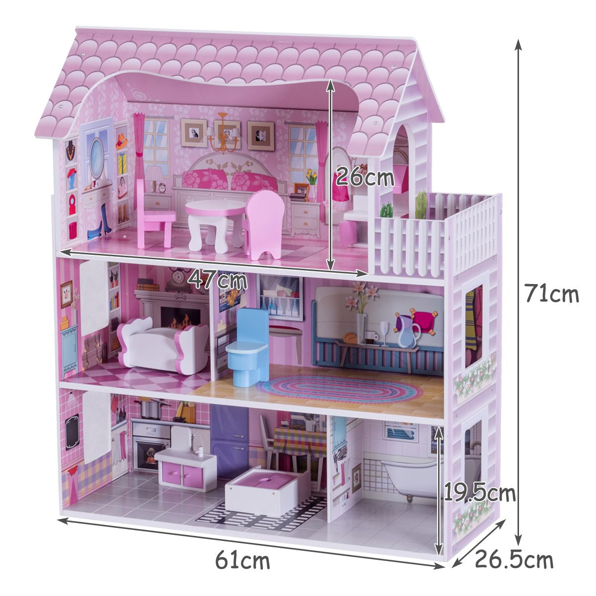 3 Etagen Puppenhaus Aus Holz Puppenstube Mit Möbeln & Zubehör Puppenvilla Mädchen Rosa