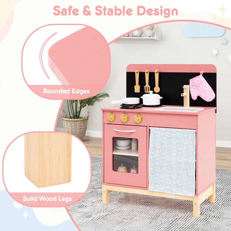 Play Kitchen for Kids Wooden Kitchen Playset with Door Curtain