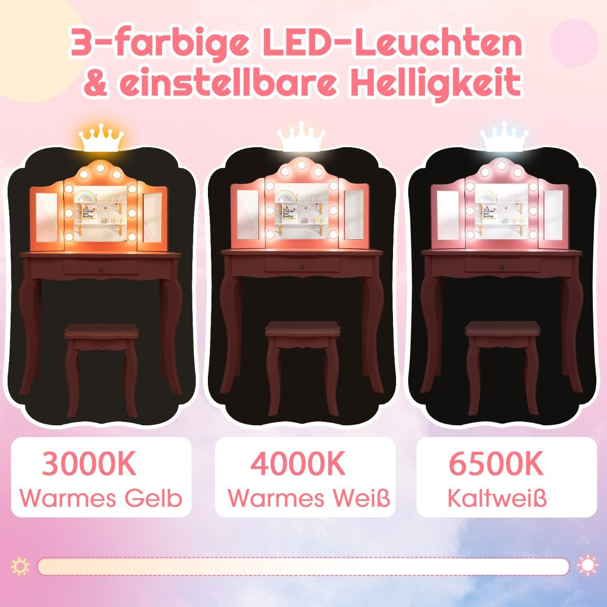 2 in 1 Kinder Schminktisch Mit Led-Leuchten & Klappbarem Spiegel & Schubladen Rosa