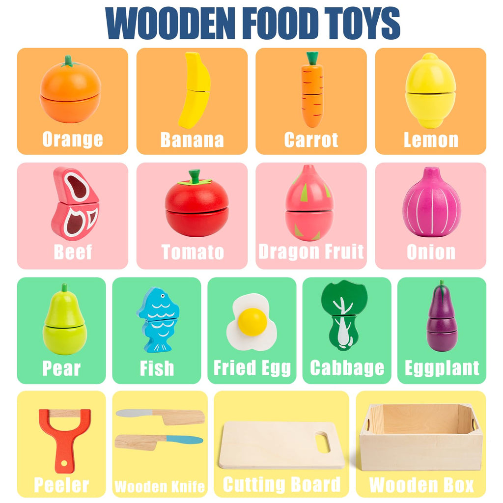 Wooden Play Food Cutting Set – 32 Pcs Fruits & Vegetables Toy