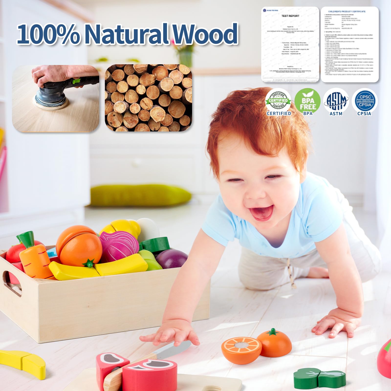 Wooden Play Food Cutting Set – 32 Pcs Fruits & Vegetables Toy