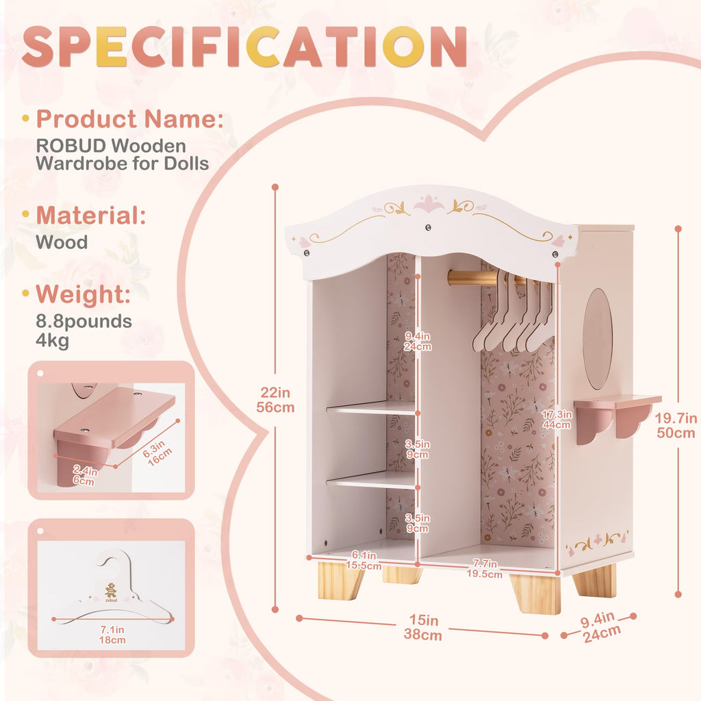 Holzpuppen-Kleiderschrank mit Spiegel & Kleiderbügeln SproutHands™