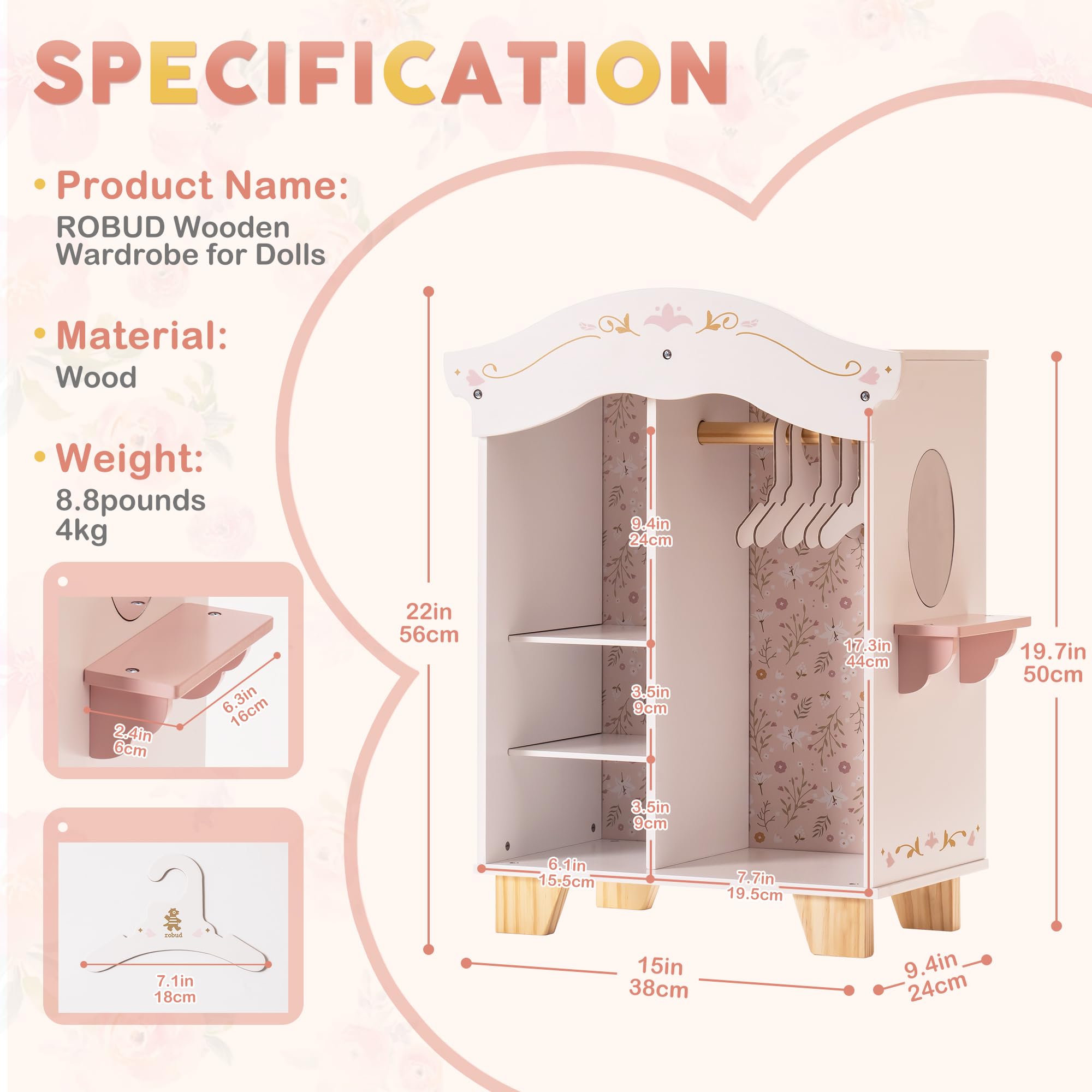 Holzpuppen-Kleiderschrank mit Spiegel & Kleiderbügeln SproutHands™