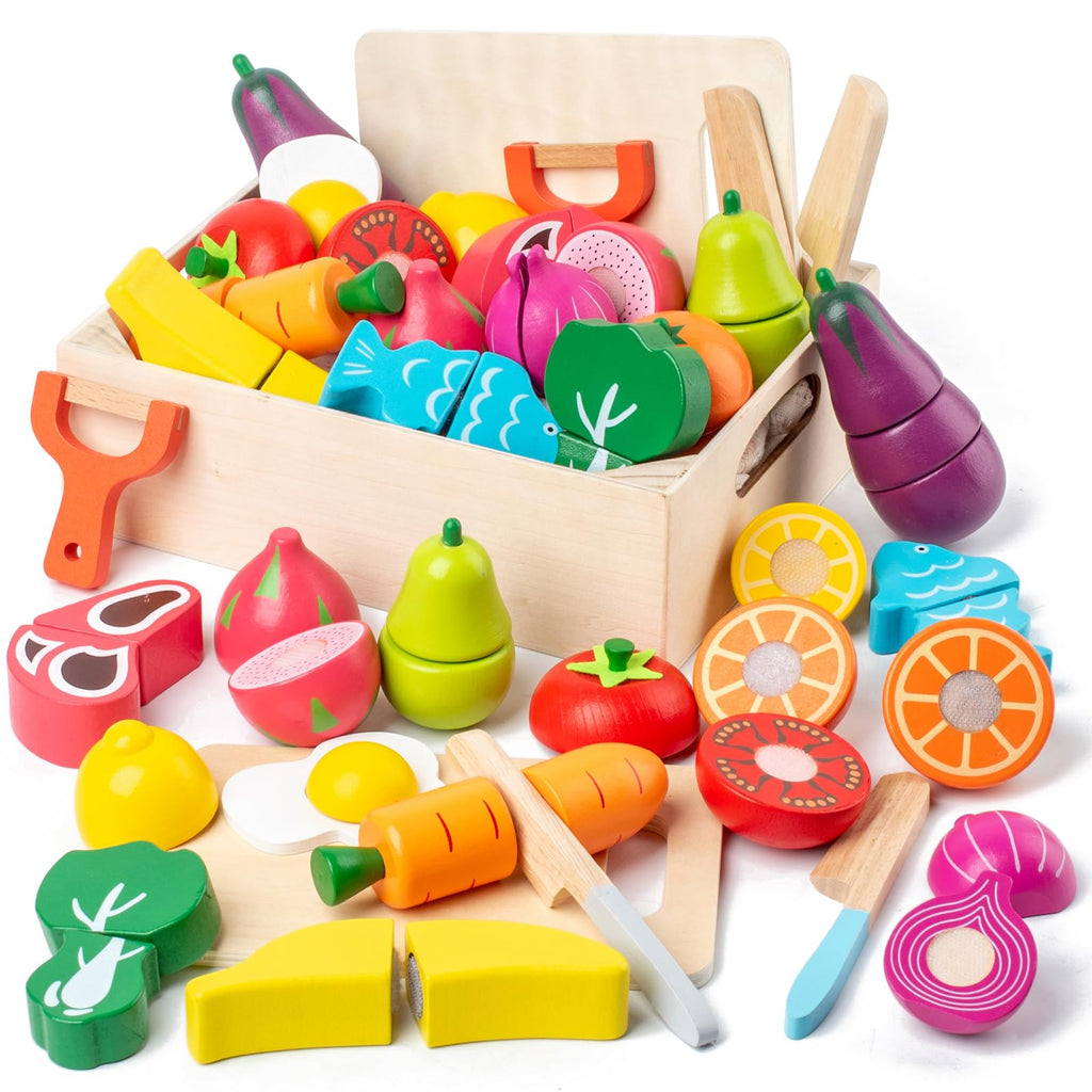 Wooden Play Food Cutting Set – 32 Pcs Fruits & Vegetables Toy