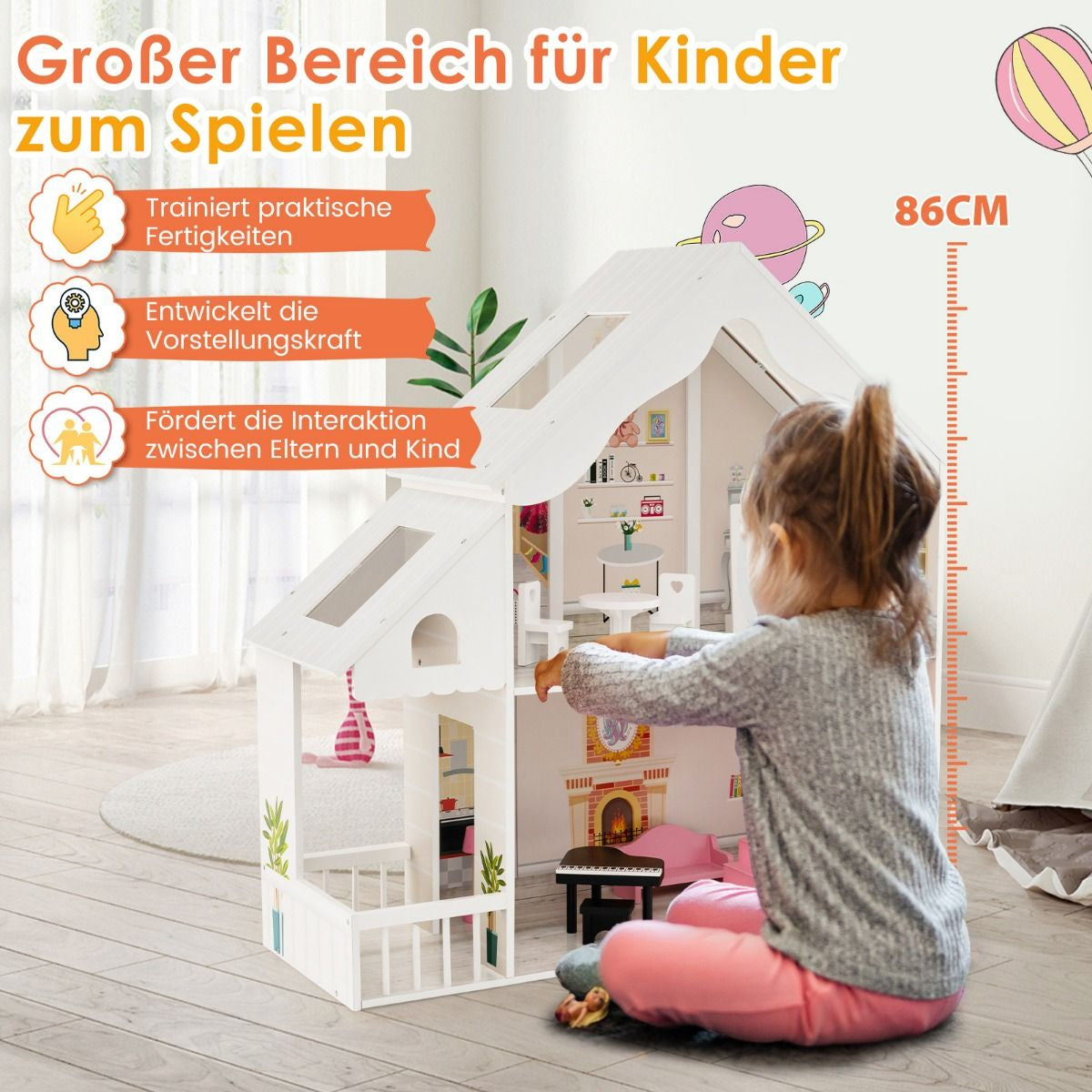 Puppenhaus Holz 2 Stöckige Puppenstube Mit Zubehör & Möbeln 81 X 30 X 86 Cm Weiß