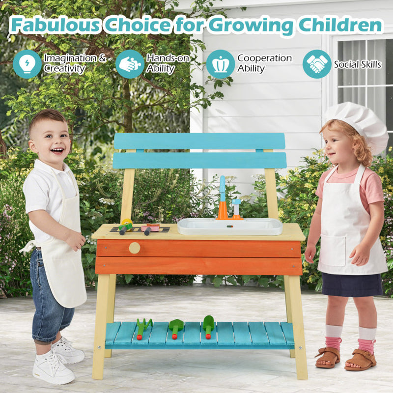 Kids Play Kitchen Set, Wooden Kitchen Playset Chef Pretend Mud Kitchen