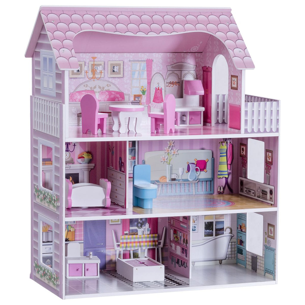3 Etagen Puppenhaus Aus Holz Puppenstube Mit Möbeln & Zubehör Puppenvilla Mädchen Rosa