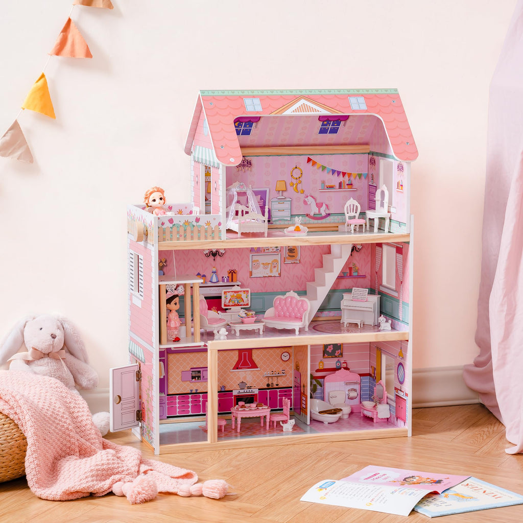 SproutHands™ Holzpuppenhaus-Spielset mit Aufzug & 24 Zubehörteilen