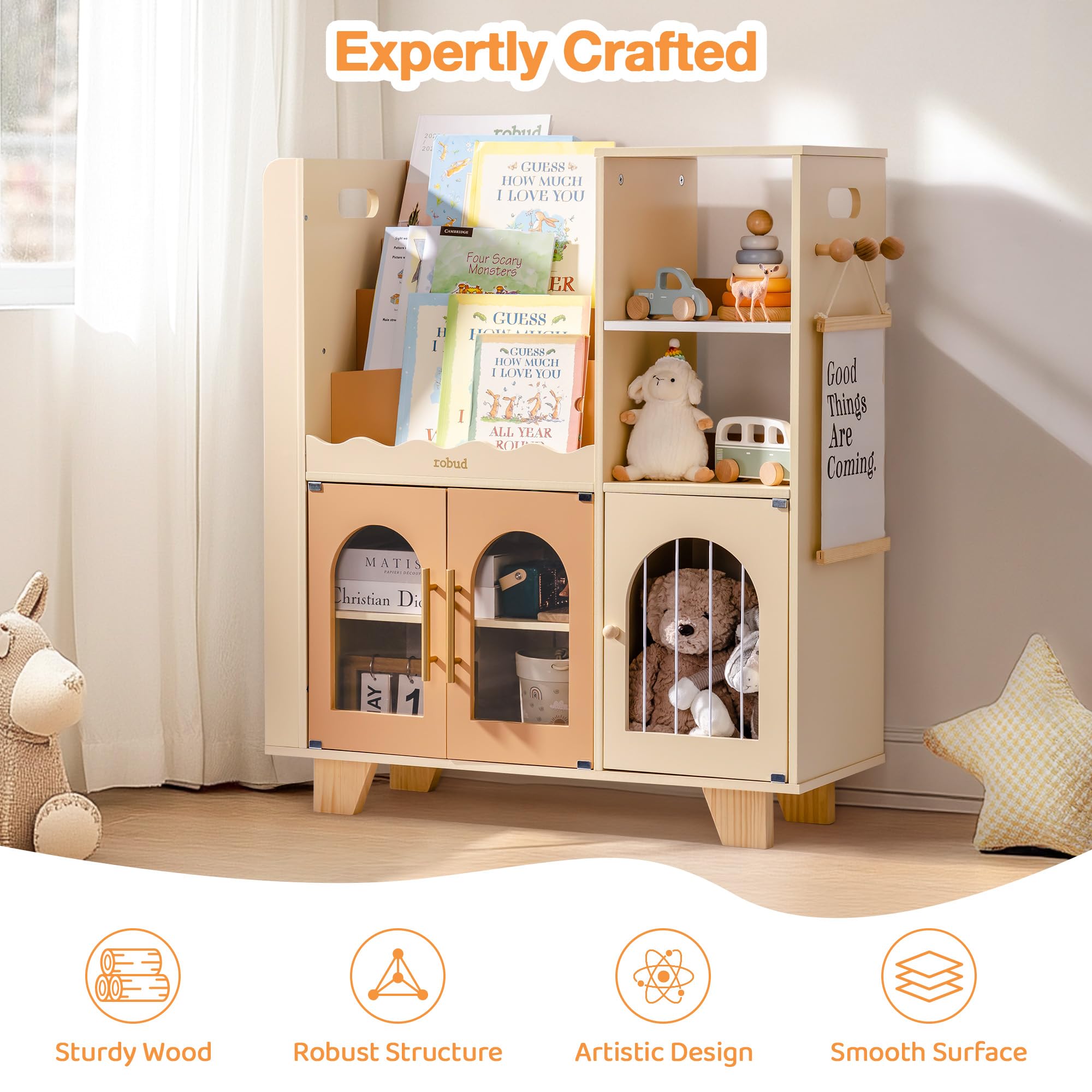 Étagère à livres et meuble de rangement pour jouets en bois pour enfants