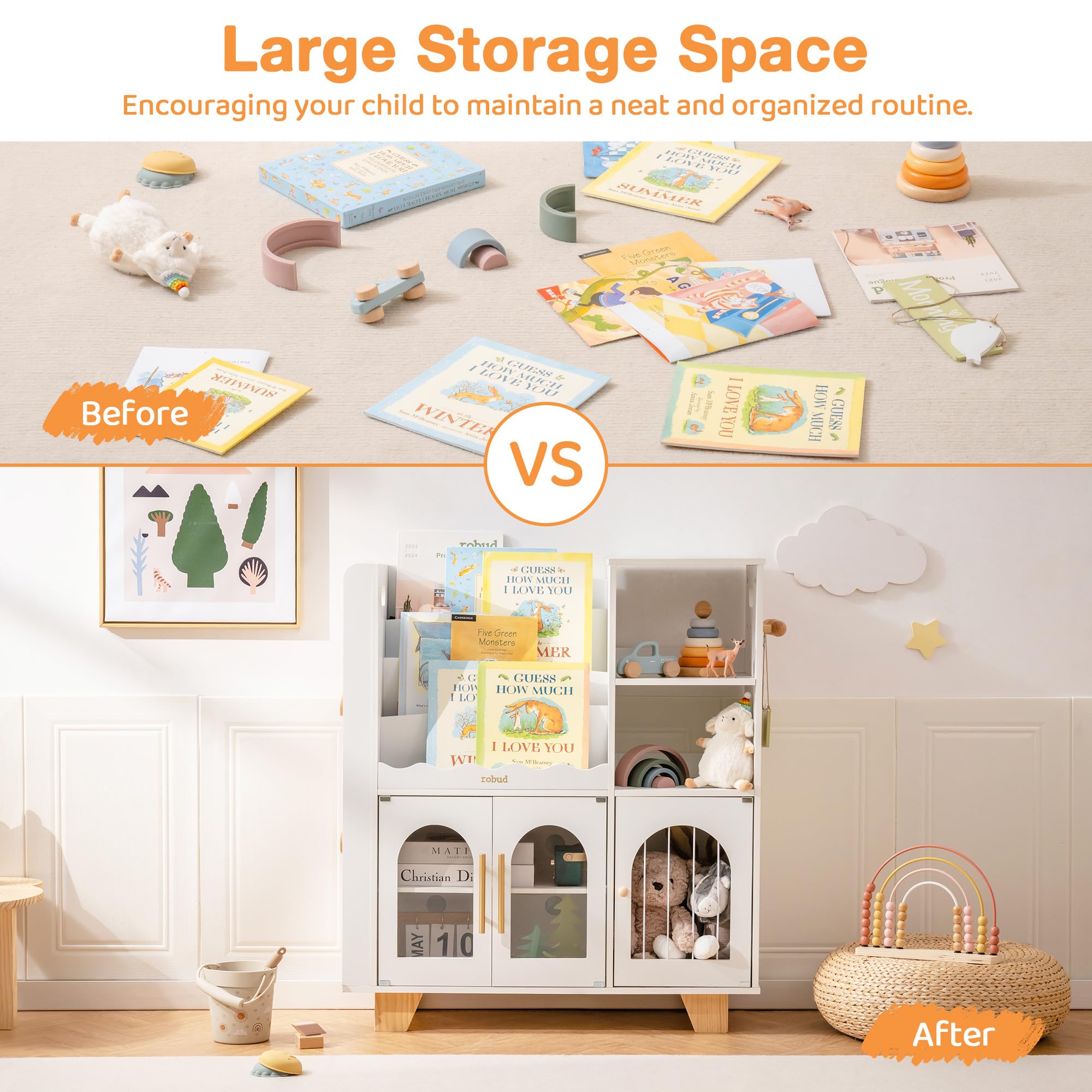 Étagère à livres et meuble de rangement pour jouets en bois pour enfants