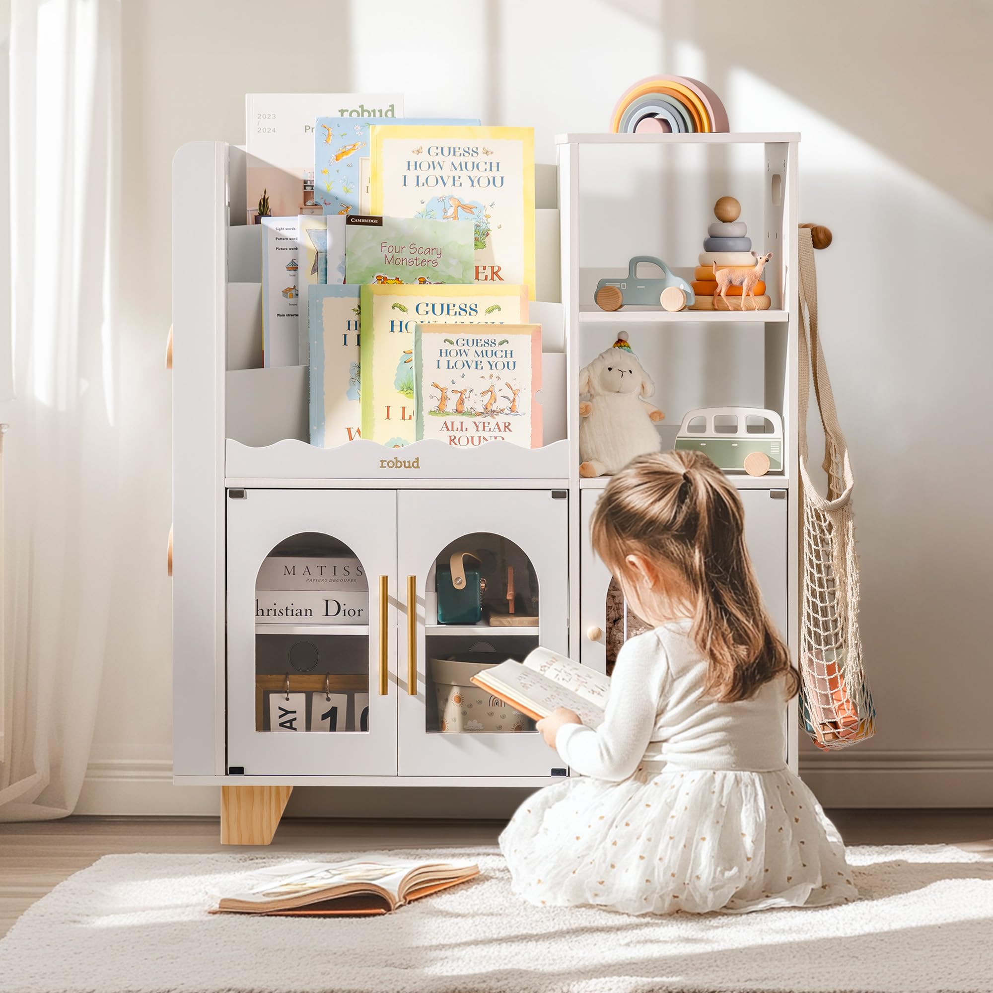 Étagère à livres et meuble de rangement pour jouets en bois pour enfants