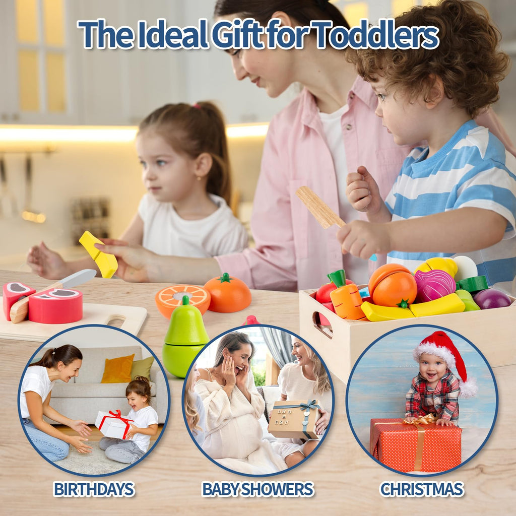 Wooden Play Food Cutting Set – 32 Pcs Fruits & Vegetables Toy