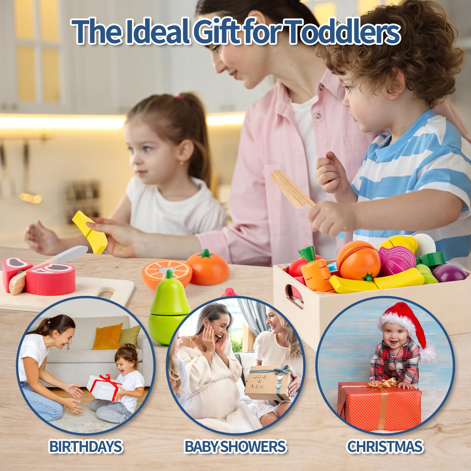 Wooden Play Food Cutting Set – 32 Pcs Fruits & Vegetables Toy