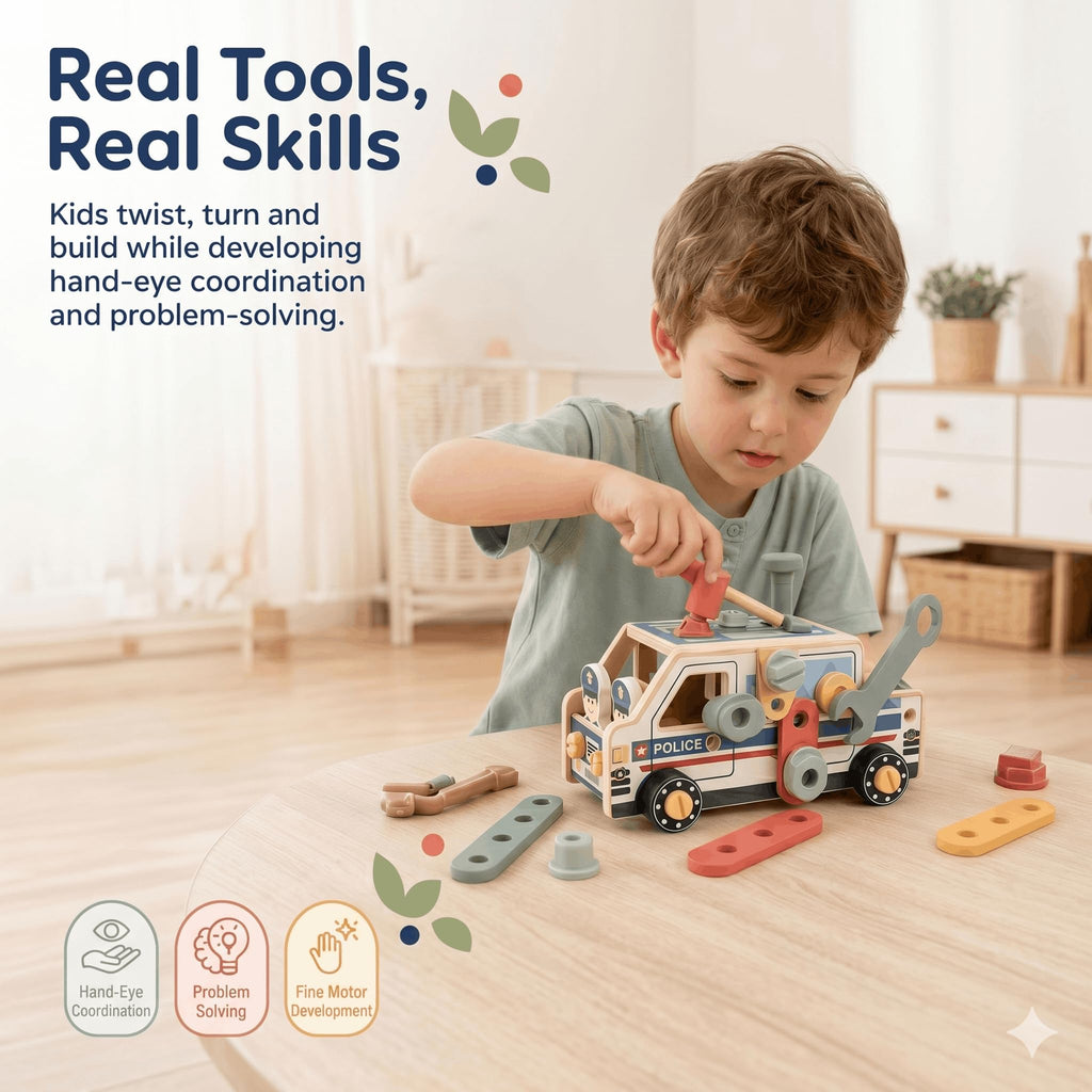 Wooden Kids Tool Set with Police Car Toolbox