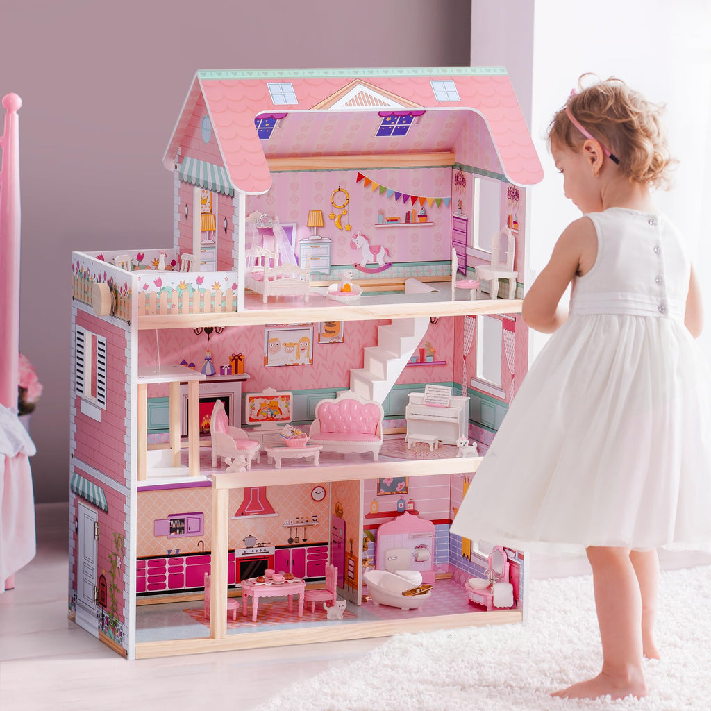 SproutHands™ Holzpuppenhaus-Spielset mit Aufzug & 24 Zubehörteilen