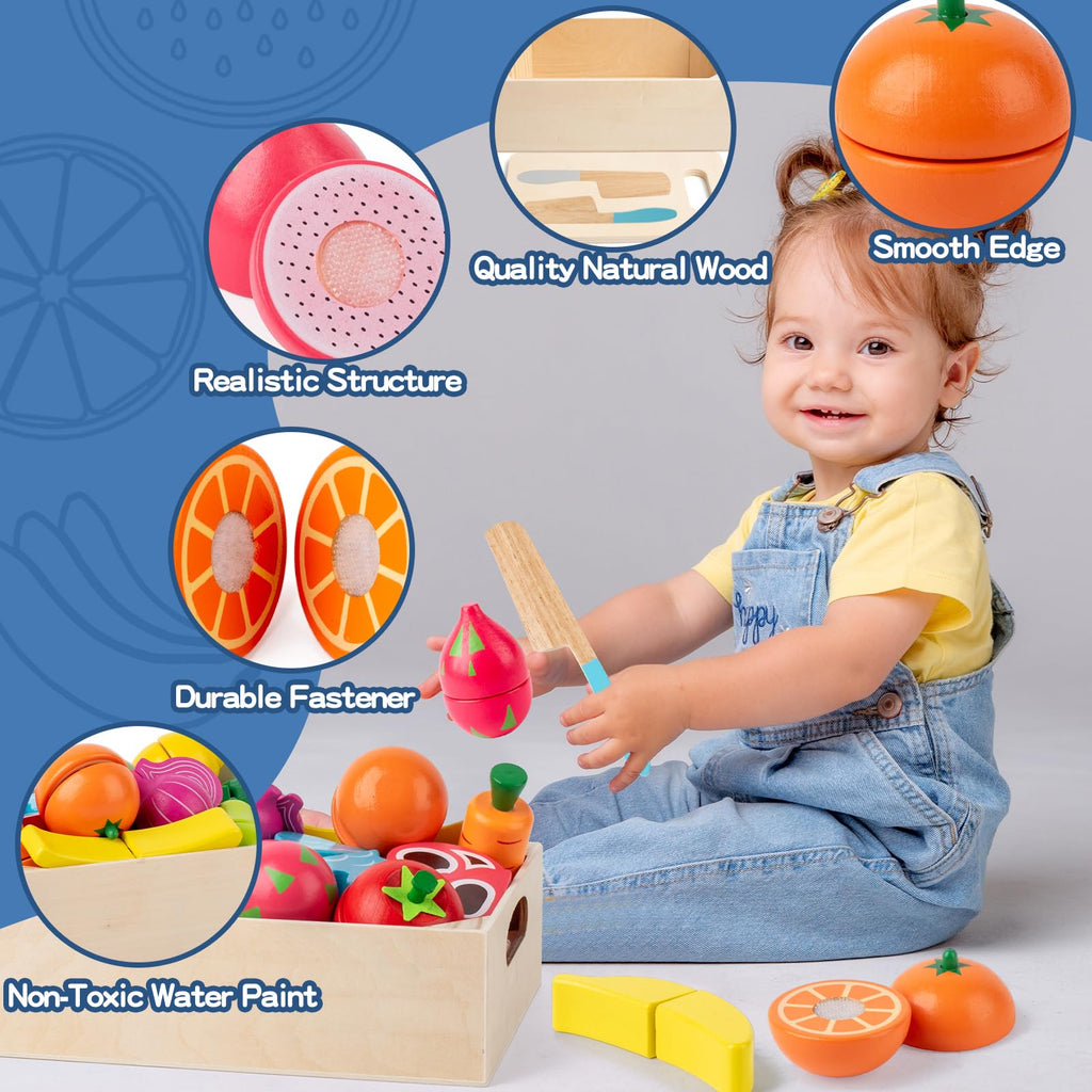 Wooden Play Food Cutting Set – 32 Pcs Fruits & Vegetables Toy